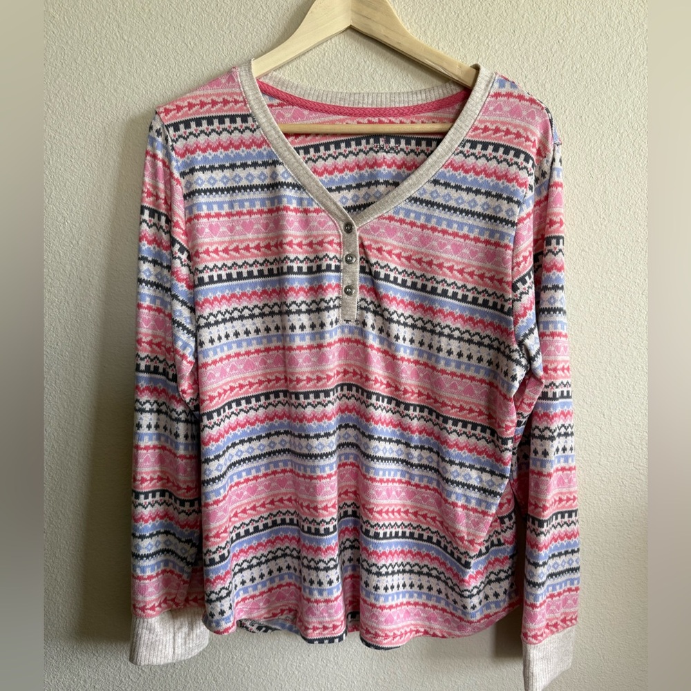 Cuddl Duds Pink and Gray Striped Long Sleeve Top
